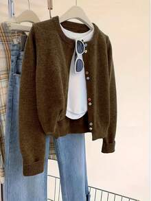 ii 女士时尚撞色纽扣针织开衫，百搭长袖 - 棕色 - 查看 4