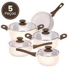 Non-Stick Cookware Set With Marble Coating, Wooden Handle And Glass Lid, 5 Pieces - Beige - View 11