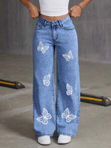 Tween Girl's Wide-Leg Loose Denim Trousers With Butterfly Print And Bow Detail, Comfortable And Fashionable - Medium Wash - View 3