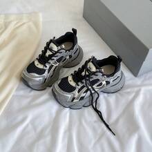 女式黑色厚底运动鞋，2025年春季新款时尚轻便厚底百搭透气网眼休闲运动鞋， - 黑銀色 - 查看 4