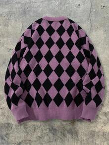 ANDREILEE 秋冬新款男士休闲宽松纯色棋盘格英文字母复古浪漫街头风V领纽扣罗纹针织长袖开衫 - 紫色 - 查看 3