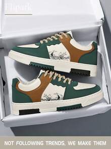 Flipark 男士时尚撞色随机印花系带休闲平底运动鞋，个性化拼接户外休闲运动鞋，情侣鞋 - 綠色 - 查看 2