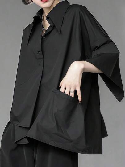 Women's Asymmetrical Black Casual Shirt, Fashion Style