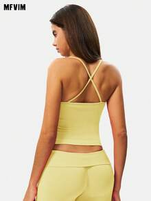 MFVIM 女士无缝运动吊带背心，高弹力运动文胸，适合日常户外跑步和锻炼 - Butter Yellow - 查看 4