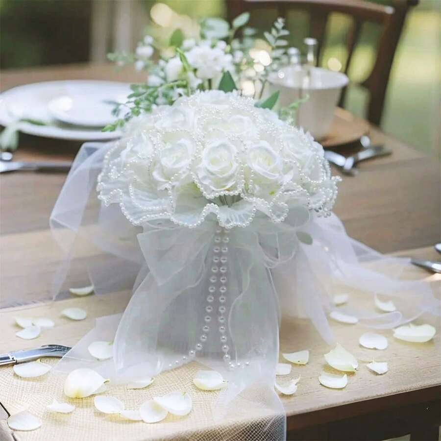1pc Wedding Bouquets For Bride Bridesmaid, Round Holding Bouquet Throw Toss Artificial Rose Flower Bunch For Wedding, Hand Holding Flower Bouquet For Valentines Day Decor, Party Supplies And Home Decor - 風格4 - 查看 1