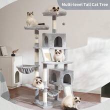 2025by Cat Tree For Indoor Cats, 71'' (180cm) Multi-Level Cat Tower For Large Adult, Sturdy Cat Tree House With 2 Scratching Boards 7 Posts, 2 Plush Perches/Condos, Hammock, Smoky Gray GCT032G