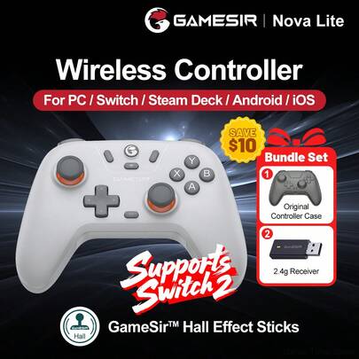  GameSir PC Game Controller, Compatible With 2 Controllers, Nova Lite Joystick, Compatible With Switch, Steam, Deck, Android, IOS Devices And Windows, Hall Effect Joystick, Comes With Original Controller Protective Case, High Cost Performance, Analog Triggers, Dual Rumble Motors, Supports Rapid Fire, Gaming Console Accessory, 600mAh Lithium Battery, Supports Wireless (2.4G) Or Wired Connection, Gray