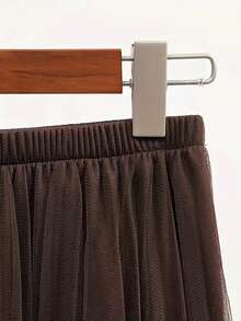 女士优雅褶裥网纱A字半身裙，适合休闲或办公场合穿着，简约优雅 | 涤纶网纱半身裙，四季必备单品，百搭春夏半身裙 - 咖啡棕 - 查看 5