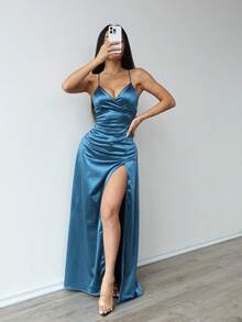 1 pieza Elegante y sexy vestido de satén de unicolor para fiesta con espalda descubierta, abertura alta asimétrica, lazo, recorte y espalda con abertura y cordón, adecuado para boda, fiesta de noche, gala formal, actuación en el escenario, baile de graduación, fiesta de cumpleaños, vacaciones, primavera/verano/otoño