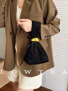 low tea 1pc Solid Color Suede Fabric Handbag For Women, Personalized Mini Cloud Pleated Bag With Metal Decor Zipper Closure, Suitable For Daily And Outing Use - Black - View 6