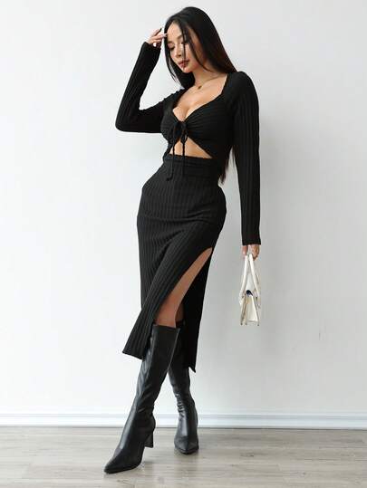 1pc Sexy V-Neck Long Sleeve Ribbed Dress With Slit, Fashionable And Elegant, Autumn/Winter