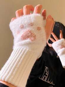 1 Paar Mink-Fleece Weiche Winter Halbfinger Handschuhe für Damen, warm, luxuriös, einfarbig weiß, flauschig gestrickt, fingerlos, Handgelenkstulpen
