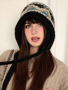 1 件复古北欧花卉图案耳暖针织帽，可系成可爱的蝴蝶结，保暖防寒性能极佳，复古费尔岛针织拉法帽，适合女士雪天和户外活动，秋冬季