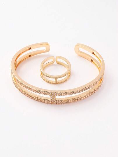 طقم سوار وخاتم نسائي من طراز كوري جديد، مطلي بذهب عيار 14 قيراط، من النحاس المرصع بالحلقات المزدوجة الصغيرة، بتصميم بسيط