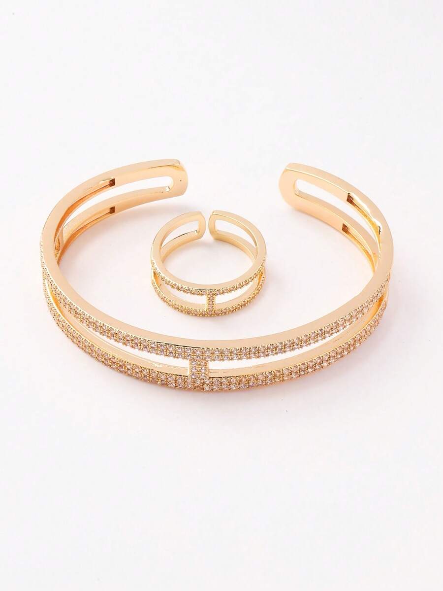 طقم سوار وخاتم نسائي من طراز كوري جديد، مطلي بذهب عيار 14 قيراط، من النحاس المرصع بالحلقات المزدوجة الصغيرة، بتصميم بسيط