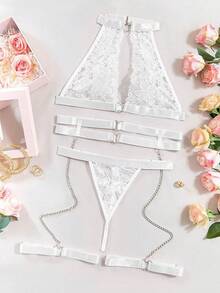 Halter Heart Ring Cutout Chain Floral Lace Sheer Garter Belt Lingerie Set 3 Piece - 白色 - 查看 6