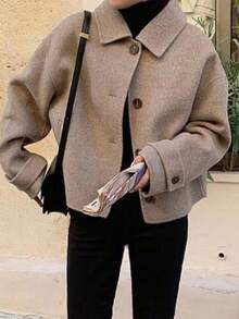 女士休闲简约纯色前开襟纽扣翻领长袖韩版外套，日常休闲款 - 駝色 - 查看 1