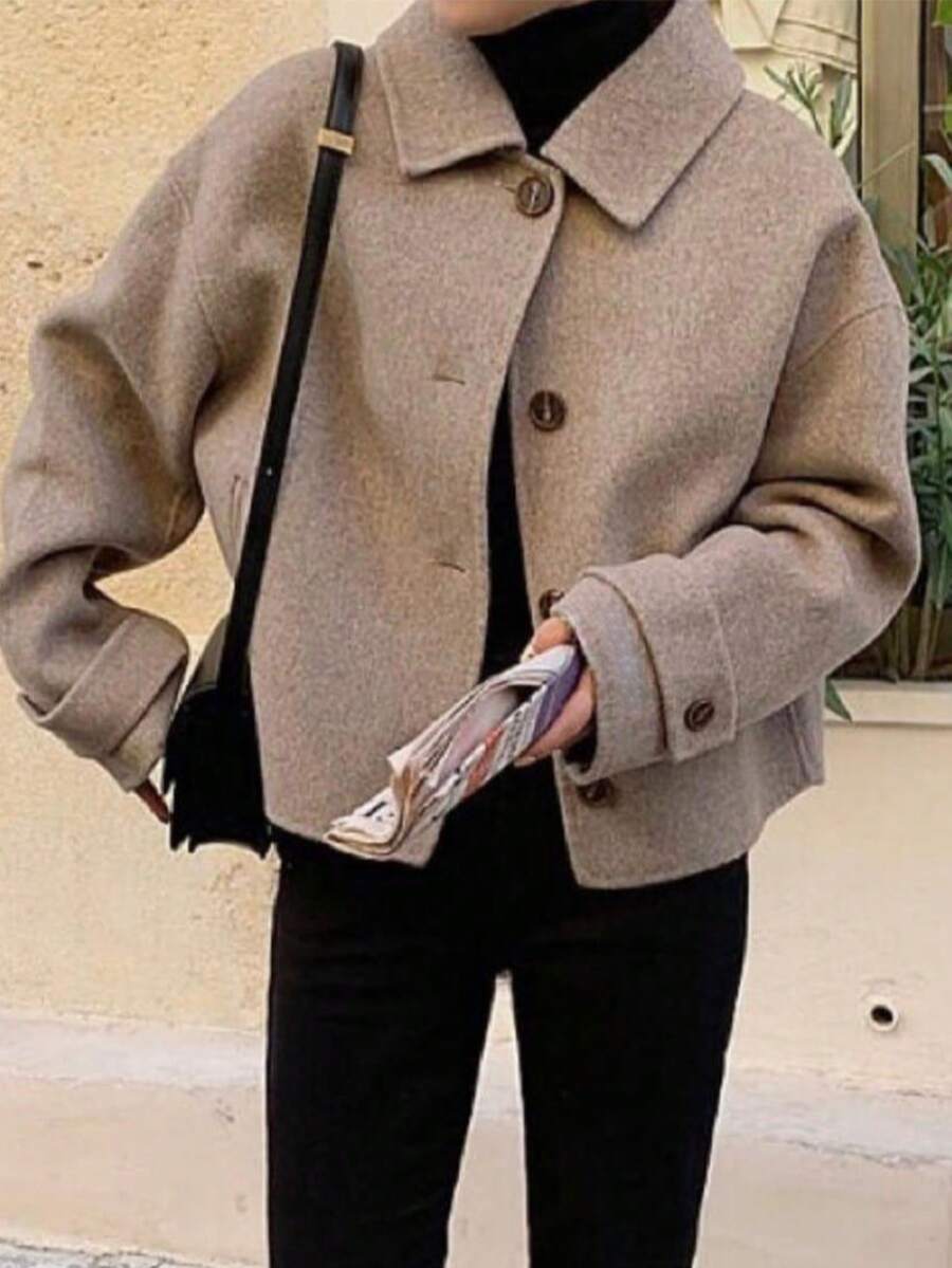 女士休闲简约纯色前开襟纽扣翻领长袖韩版外套，日常休闲款 - 駝色 - 查看 1