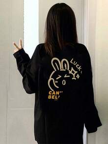 女士宽松休闲卡通印花长袖棉质T恤，适合春秋季