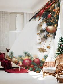 1pc Christmas Ball & Element Pattern Premium Decorative Curtain Rod Pocket Sheer Curtain, All Season Use For Outdoor, Gazebo, Bedroom, Kitchen, Office, Study, Living Room - Semi-Sheer (100g Fabric Weight) Home Decor Christmas Decorations Room Decor Christmas Decorations Home