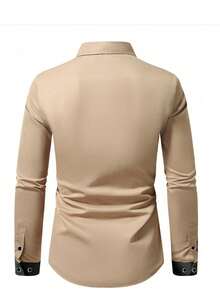 Men's Contrast Trim Long Sleeve Formal Shirt, Khaki With Black - Khaki - View 2