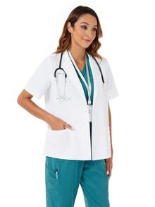 cimmuovere Simple Solid Color Flat Collar Double Pocket Short Sleeve Laboratory Coat/White Coat - White - View 5