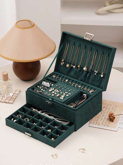 三层珠宝收纳盒，天鹅绒抽屉，大容量，可收纳耳环、项链和配饰