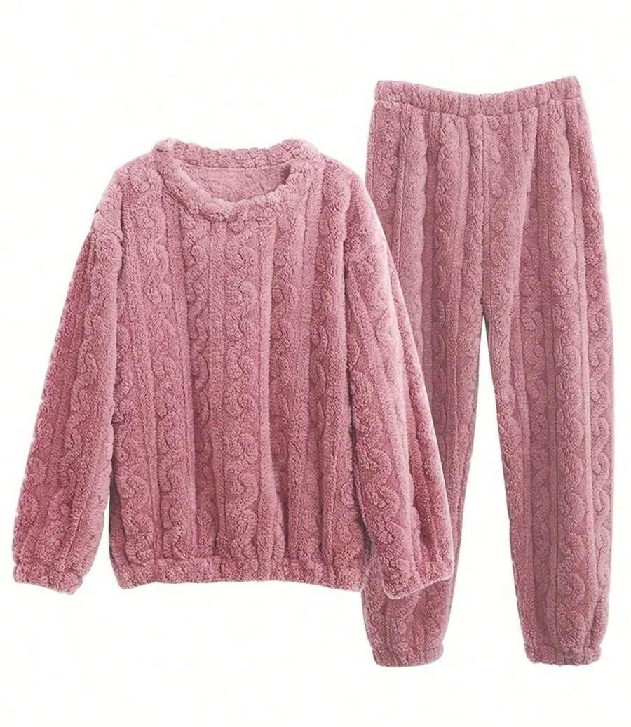 Conjunto de2 Piezas Pijama Casual Holgado para Mujer, Top y Pantalón de Franela Gruesa con Jacquard Cálido de Manga Larga para Otoño/Invierno - Rosa coral - Ver 1