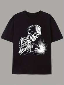 Camiseta gráfica casual para hombres - Estampado de calavera e industrial, letras en negrita, cuello redondo de manga corta, camiseta ligera de verano para estilo streetwear, camiseta de moda urbana |     Camiseta gráfica llamativa |     Camiseta de impresión duradera - Negro - Ver 4