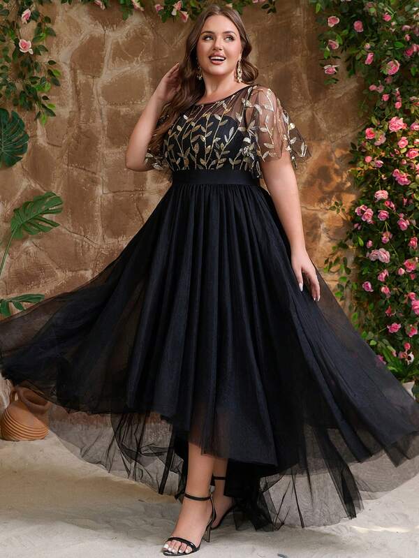 Women Plus Size Elegant Sequin Patchwork Party Dress, Modest Elegant Romantic Elegant Mesh Zipper Front Short Back Long Sequin Patchwork Formal Evening Bridesmaid Dress For Wedding Guest, Maid Of Honor, High-Low Formal Event, Party Gowns, Prom, Homecoming, Spring/Summer/Autumn