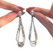 1 Pair Of Exquisite Dangle Earrings - Drop & Dangle With Inlaid Artificial Pearl, Sparkling Tassel Design, Golden Or Silvery Finish, Luxury Jewelry For Women, Durable And Hypoallergenic, Perfect For Daily Wear Or Special Occasions - 銀色 - 查看 5
