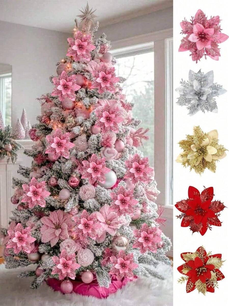 5/10 Pcs Poinsettia Artificial Christmas Flowers, Christmas Tree Decorations, Shiny Simulated Poinsettia Flowers, Home Decoration, Outdoor Decorations, 2026 New Year Ornaments, Red/Gold/Red Gold/Silver/Pink Glitter Artificial Flowers Christmas Home Decoration. - Multicolor - View 1