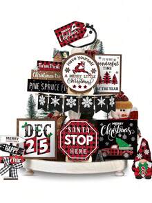 Conjunto de 14 peças de decoração de bandeja em camadas para inverno, conjunto de decorações de bandeja em camadas com boneco de neve, floco de neve, placas de madeira rústicas azuis, peças centrais de mesa para festa de inverno, decoração de centro de mesa para festa de Natal, decoração de casa de Natal - Multicolorido - Ver 8