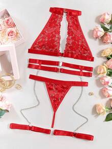 Halter Heart Ring Cutout Chain Floral Lace Sheer Garter Belt Lingerie Set 3 Piece - 紅色 - 查看 5