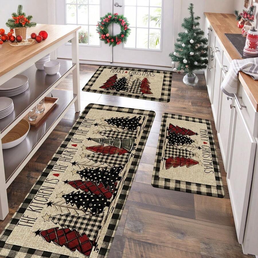 1/2/3pcs Black & White Plaid Christmas Tree & Merry Christmas Kitchen Mat Set, Subtle Winter Home Decor Kitchen Carpet - Multicolor - View 1