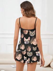 Printstory Customized Plus Size Women's Camisole Pajama Set, Can Print Any Pattern, Suitable As A Gift For Family And Friends And For Holiday Party Wear - Black - View 2