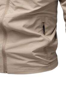 男士时尚百搭纯色翻领休闲夹克，秋季 - 卡其色 - 查看 4