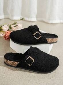 女士时尚新款毛绒一脚蹬拖鞋，单扣，舒适适合室内外度假休闲穿着，百搭平底凉鞋 - 黑色 - 查看 6