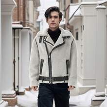 Men Motorcycle Style, Contrasting Belt Jacket - Light Grey - View 1