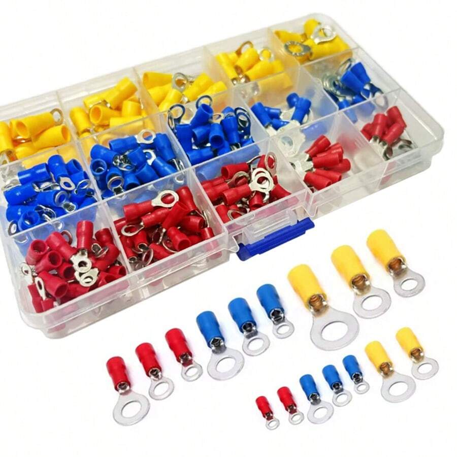 200 piezas de terminales de anillo aislados de 22-16/16-14/12-10AWG, conector de cable de conexión de anillo prensado, adecuado para reparación automotriz, cable, sin incluir baterías