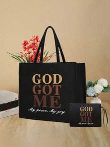 时尚印花托特包套装，大容量休闲手提包，带抽绳的收纳袋，圣诞礼物，女士亚麻大容量手提包，大容量手提包套装，可单肩背，女神大容量多功能手提包 - 彩色 - 查看 6