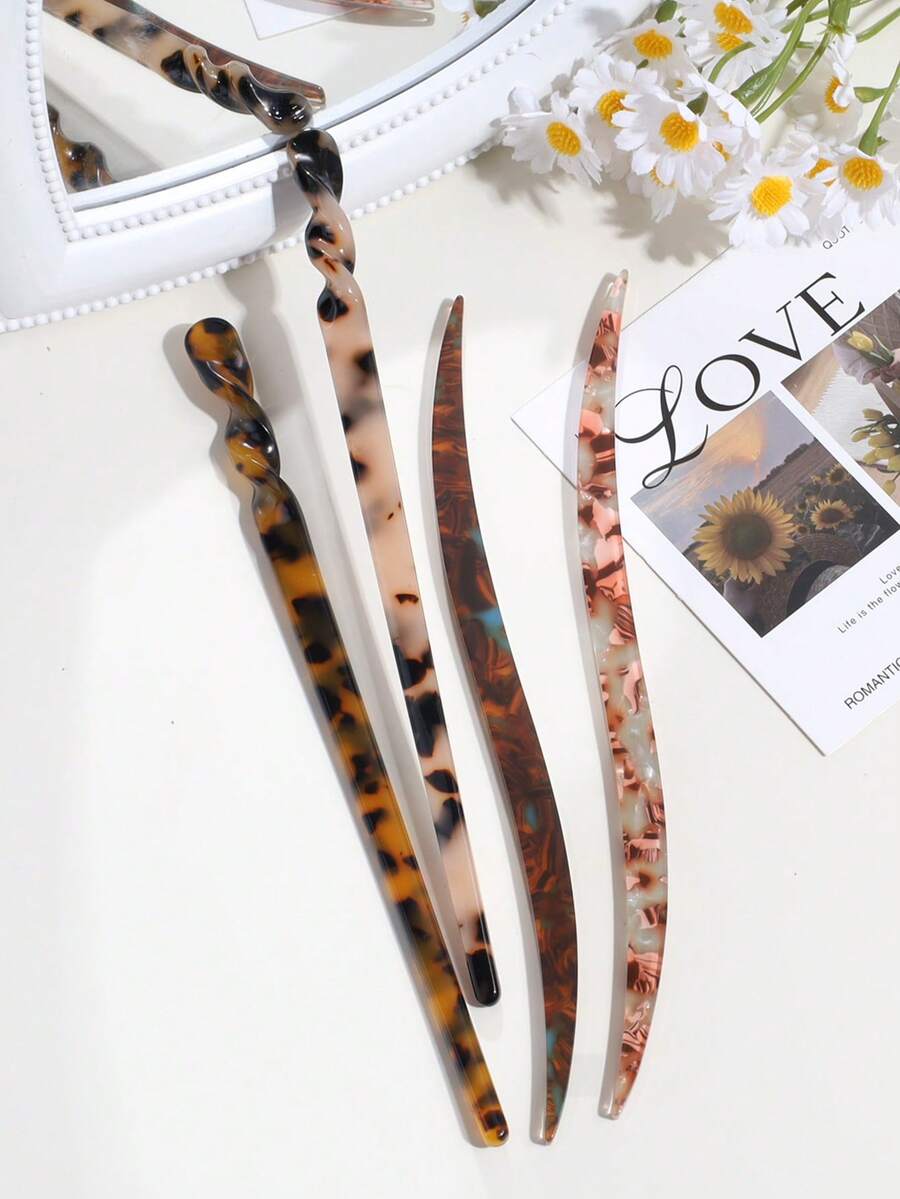 4个女士时尚优雅醋酸纤维发夹，适合日常佩戴、盘发、发型设计、发饰、头部配饰 - 彩色 - 查看 1