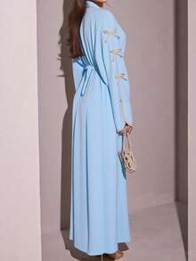 SuofeiMan New Modest Middle Eastern Style Abaya, Simple Bow Design, Light Blue Solid Color Casual Soft Comfortable Jacket With Belt, Suitable For Festivals And Daily Wear - Light Blue - View 2