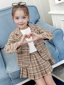 New Girls' Suit Set, Plaid Blazer Jacket & Pleated Skirt 2 Pieces Outfit, JK Style School Uniform For Tween Girl - Khaki - View 4