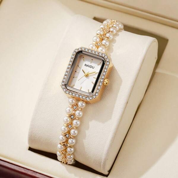 Elegante Strass Damen Quarzuhr, klassisch-lässige Kleid Armbanduhr mit kleinem rechteckigem Zifferblatt, Damen Geschenk