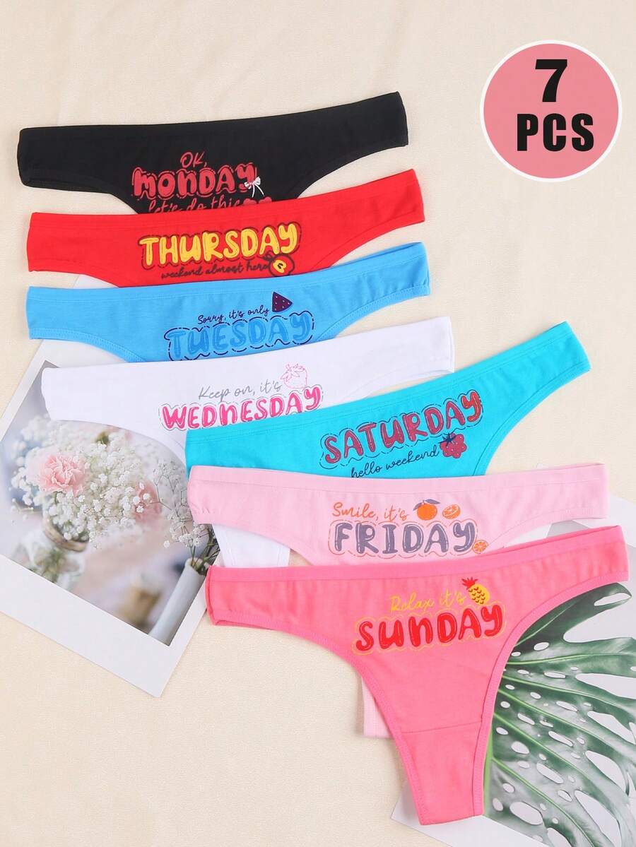 7 Sexy Women's Non Repeating Low Waisted Thong Underwear For A Week - Seven Color Letter Printed Underwear Shorts - Monday, Tuesday, Wednesday, Thursday, Friday, Saturday, Sunday Underwear Shorts - Breathable, Soft, Comfortable Women's Thong Underwear - 彩色 - 查看 1