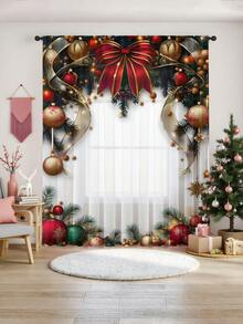 1pc Christmas Ball & Element Pattern Premium Decorative Curtain Rod Pocket Sheer Curtain, All Season Use For Outdoor, Gazebo, Bedroom, Kitchen, Office, Study, Living Room - Semi-Sheer (100g Fabric Weight) Home Decor Christmas Decorations Room Decor Christmas Decorations Home