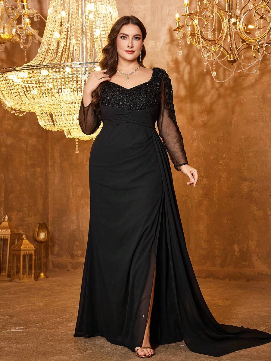 Diamond-Shape Sequin Embroidered Mesh Panel Puff Sleeve Maxi Long ...