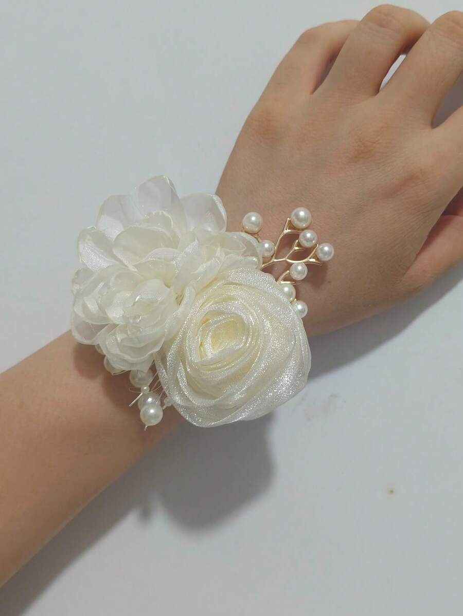 1pc Women's Wrist Flower, Olive Green Camellia Paired With Beige Rose Decor, Elegant Floral Bracelet With Beads For Bride, Bridesmaid, Wedding, Party, Daily Wear Valentine's Day Accessories - Beige - View 1