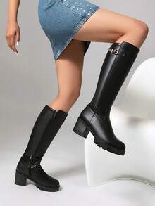 Women's Fashion Black PU Leather Boots, Solid Color Commuting Mid-Calf Boots, Casual Over-The-Knee Boots, Comfortable High-Shaft Boots, Retro Equestrian Boots, Platform Long Boots, Chunky Heel Leather Boots, Versatile Mid-Heel Women Boots, Belt Buckle Decor Boots, Easy To Wear Skinny Side Zipper Leather Boots, Western Style Buckle Long Boots, Block Heel Women Shoes - Black - View 4